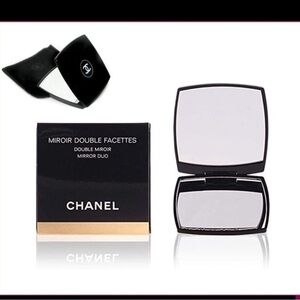 NIB CHANEL Black Compact Dual Mirror w/Black Drawstring Logo Pouch Dustbag